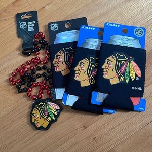 Official NHL Black Hawks sports beads and can holders NWT